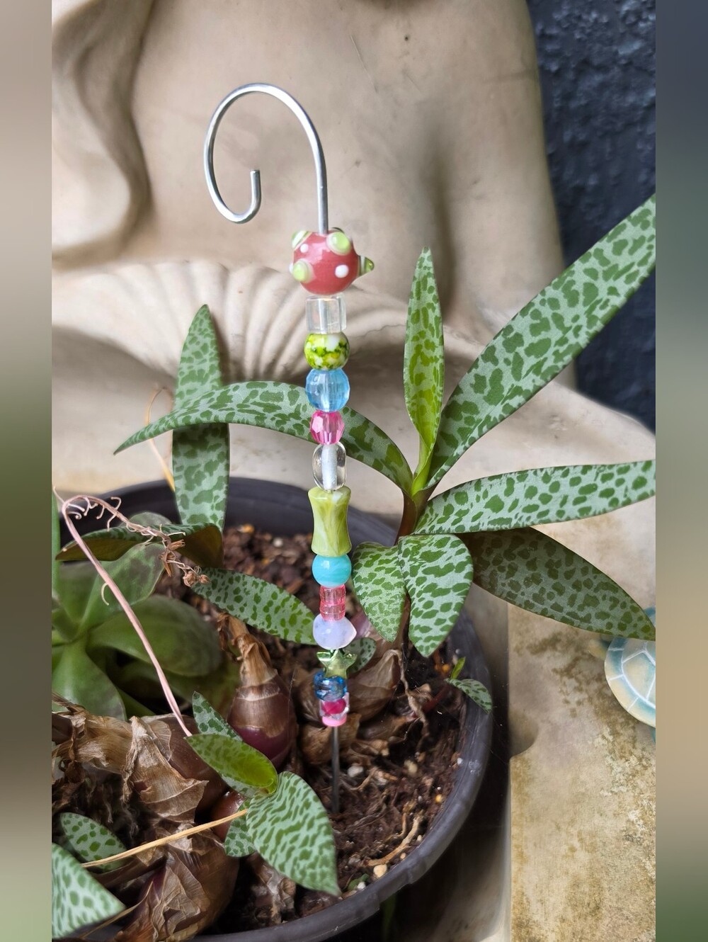 Handmade Beaded Plant Stick/garden Stake- Multicolor With Whimsical Topper